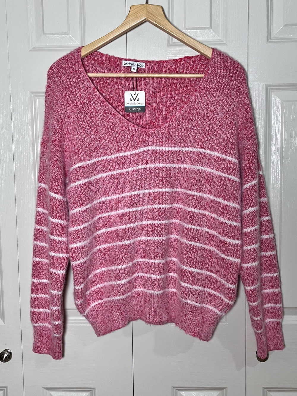 Michelle Mae Cozy Raspberry White Striped V-Neck Sweater Size XL New With Tag